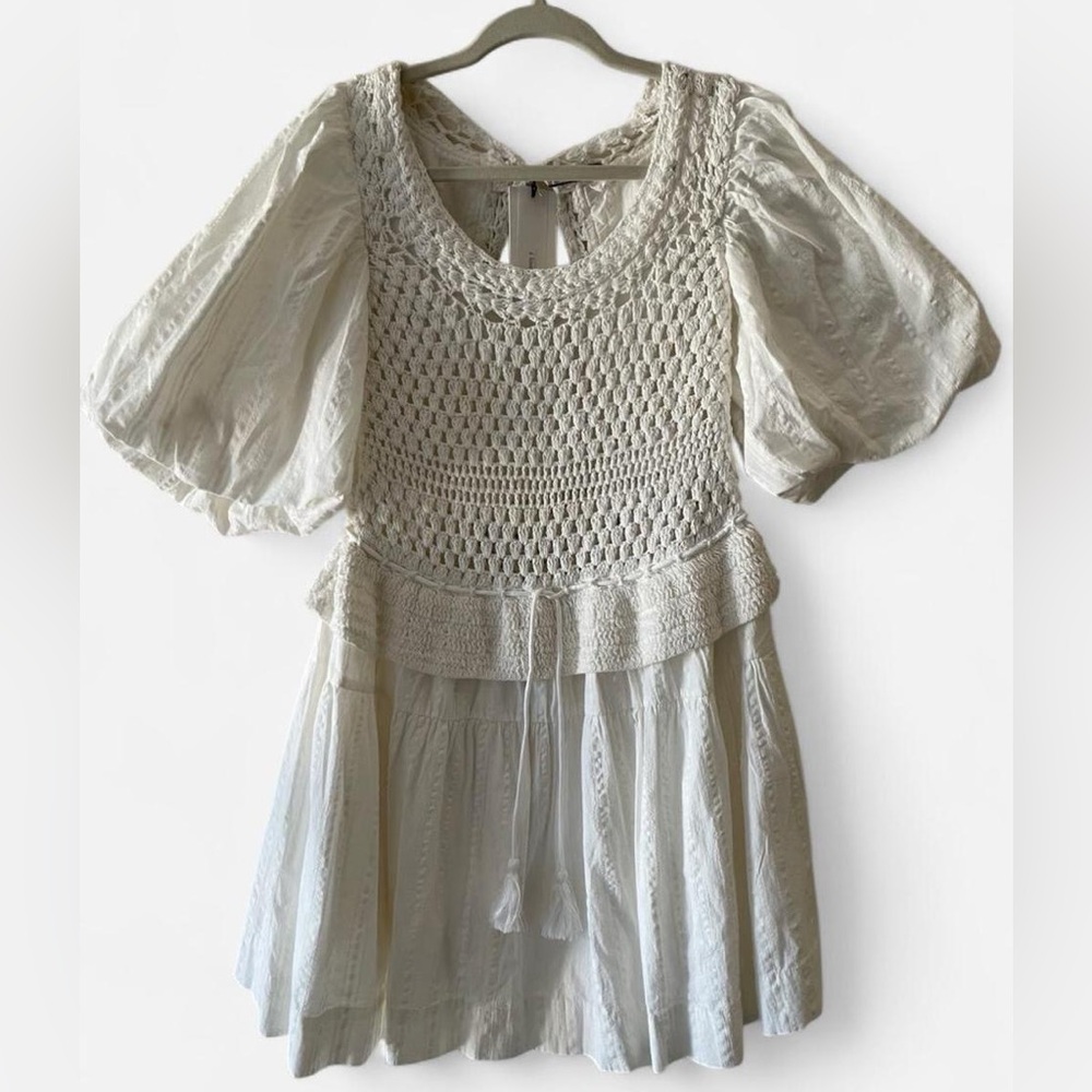 A Loves A White Crochet Balloon Sleeve Ruffle Mini Dress Size Small NWOT